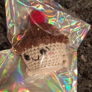 Handmade Crocheted Cupcake Keychain with Red Cherry
